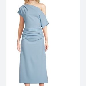 Gibson Latimer blue crepe asymmetric neck midi dress size L